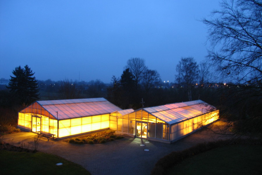 erleuchtete Gewächshäuser in der Dämmerung